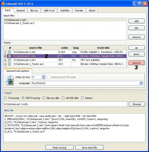 TSmuxer REMOVE DTS SRT ETAPE 3